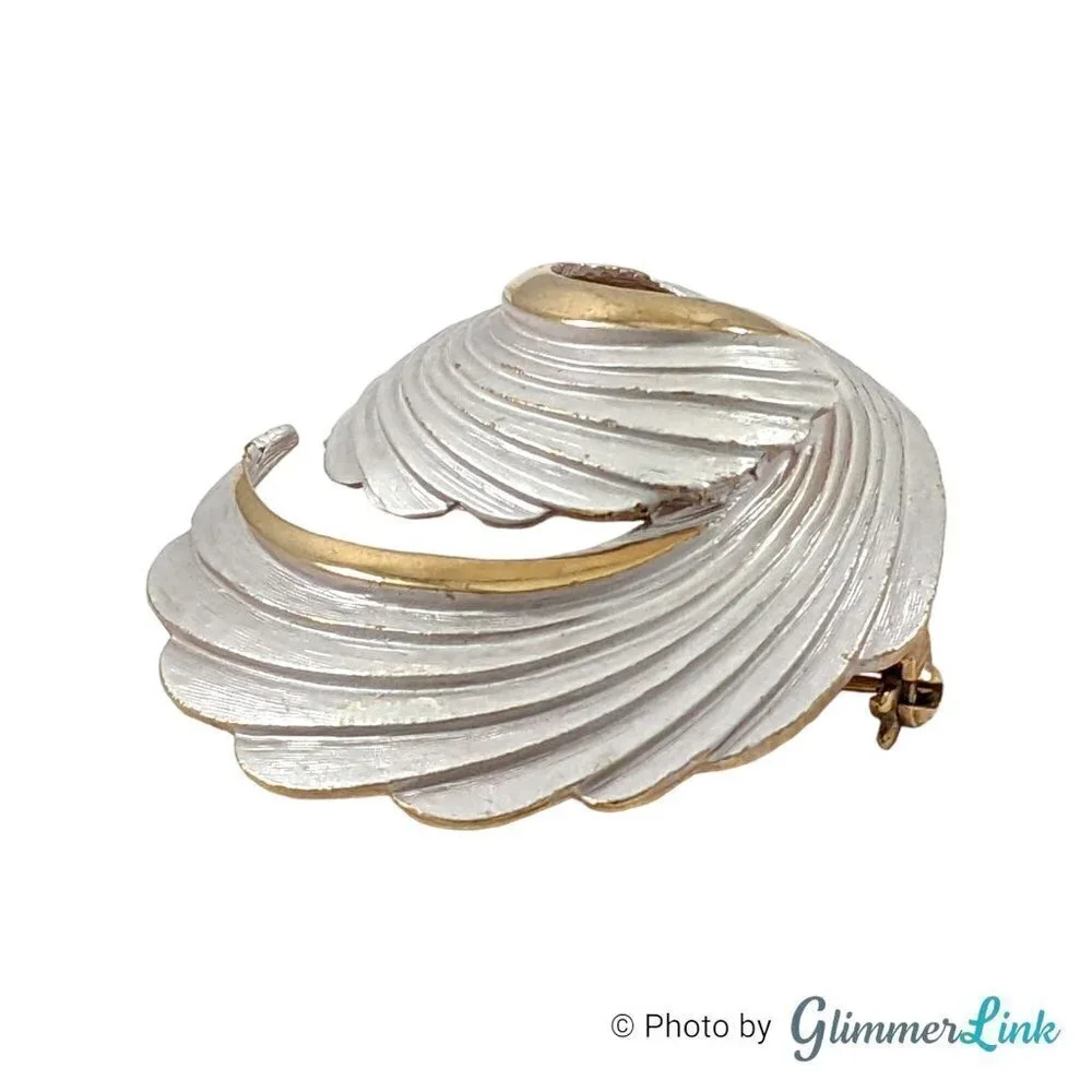 Vintage Domed Spiral White Enamel Gold Tone Brooch, Curled Wing or Leaf Pin